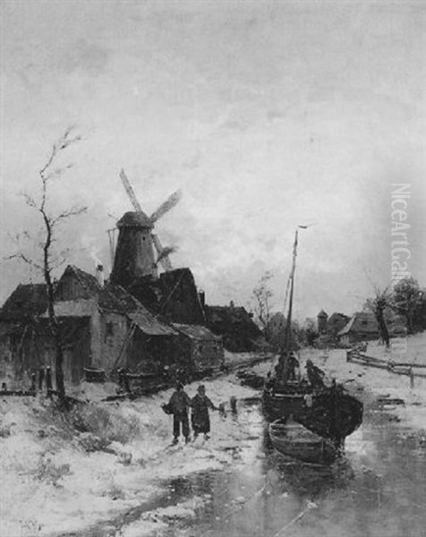 Hollandische Winterlandschaft Mit Fischern Auf Einem Kanal - view 1