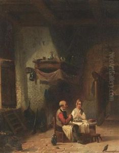 Das Tischgebet. Bauernpaar Vor Dem Gedeckten Tisch In Der Stube by Leopold Fisette