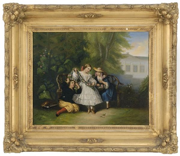 Three Young Girls In A Garden - view 1