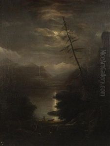 Moonlit Figure By A Lake (+ Untitled, Watercolor; 2 Works)