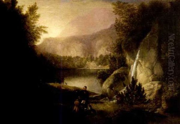 Landscape With Waterfall And Artist Sketching - view 1