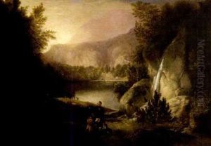 Landscape With Waterfall And Artist Sketching