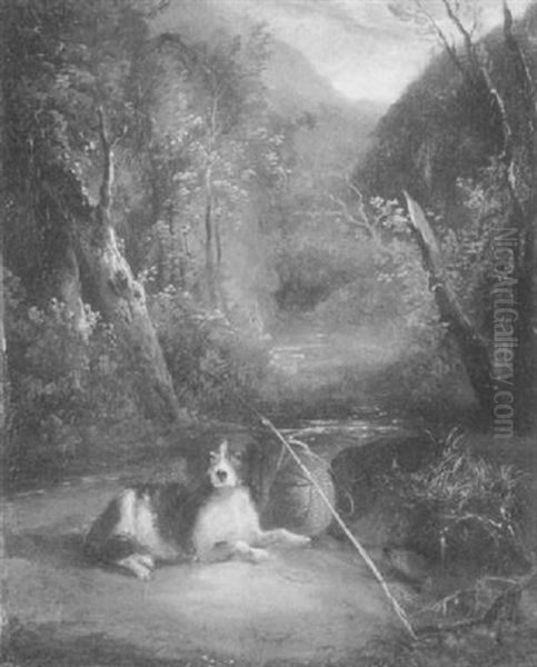Mountain Landscape, Spaniel Dog In Foreground - view 1