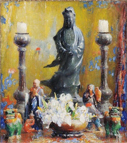 Still Life With Asian Artifacts, Candlesticks, And Flowers - view 1