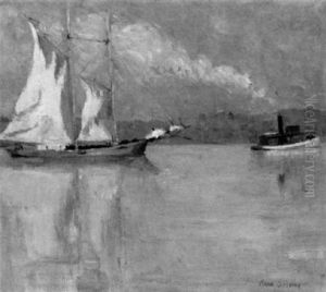 Tugboat Towing A Sailboat Down A River by Anna S. Fisher