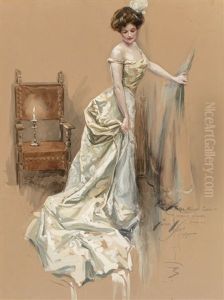 Demure In Yellow Silk, Probable Magazine Interior Illustration, 1909 by Harrison Fisher