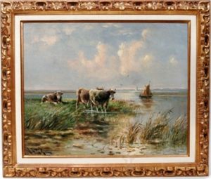 Cows At Rivers Edge by Hugo Anton Fisher