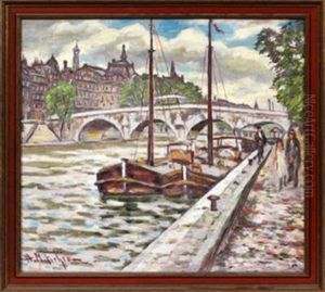 City River Scene With Brisge by Hugo Melville Fisher