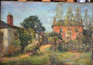 A Summer Garden With Grecian House And Gardener Pushing A Laden Wheelbarrow