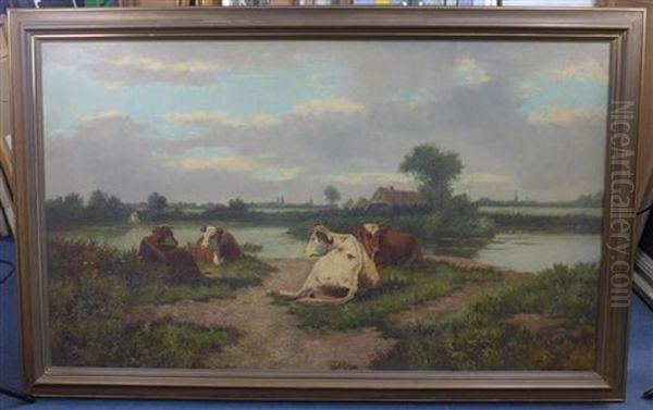 Cattle Seated Beside A River - view 1