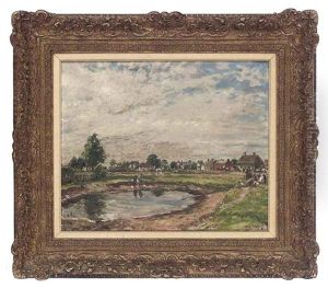 Figures By A Pond And A Village Beyond Figures By A Pond And A Village Beyond