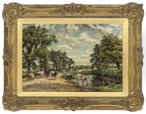 Cattle Watering In A Summer Landscape - view 1