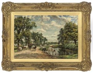 Cattle Watering In A Summer Landscape by Mark Fisher