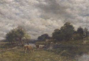Cattle Watering In A River Landscape by Mark Fisher