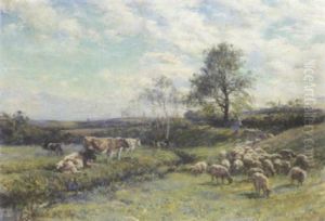 Sheep And Cattle In A Pasture Landscape by Mark Fisher