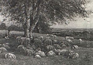 Shepherd And His Flock Resting Under A Tree by Mark Fisher