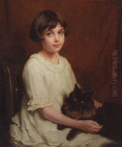 Portrait Of A Young Girl In A White Dress And A Cat On Her Lap