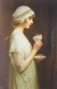 Portrait Of Pearl Joliffe Holfing A Cup And Saucer by Percy Harland Fisher