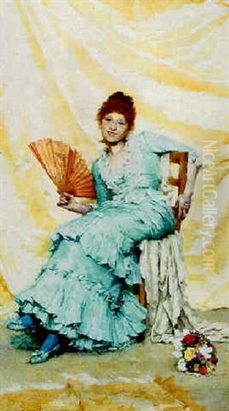 A Beauty In A Blue Dress Holding A Fan - view 1