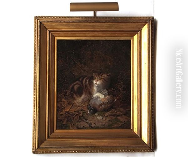 Cat With Dead Bird On A Mossy Bank - view 1