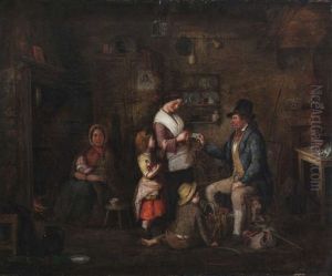 Interior Of An Irish Cottage With A Travelling Salesman Peddling His Wares by Edmond Fitzpatrick