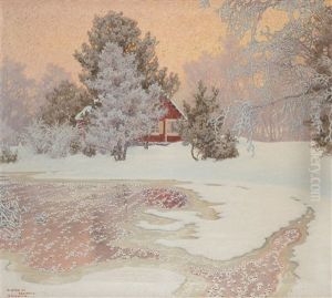 Vinter Landscape With A Red Cottage by Gustaf Fjaestad