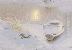 Gnistrande Vinterlandskap Med Eka by Gustaf Fjaestad