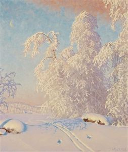 Ski Tracks In Winter Landscape by Gustaf Fjaestad