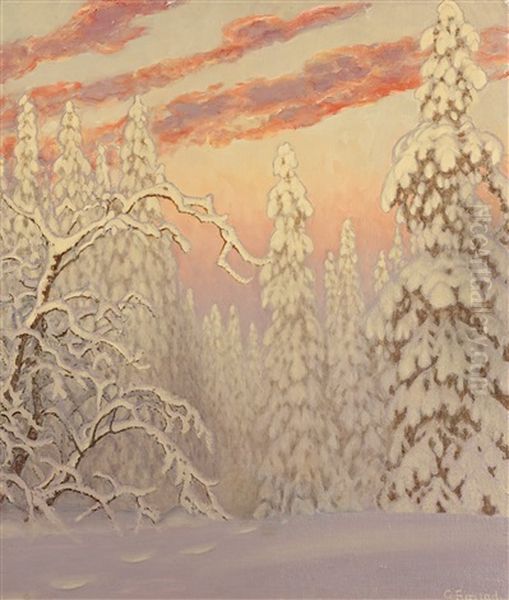 Winter Landscape Under Crimson Sky - view 1