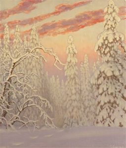 Winter Landscape Under Crimson Sky by Gustaf Fjaestad