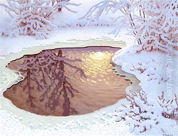 Winter Landscape With Sun Rays In A Nearly Frozen Lake - view 1