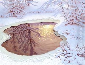 Winter Landscape With Sun Rays In A Nearly Frozen Lake by Gustaf Fjaestad
