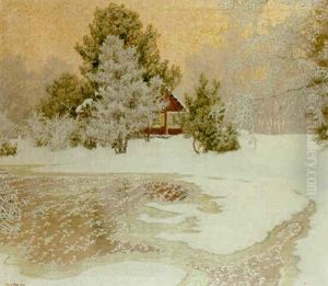 Vinterlandskap Med Rod Stuga by Gustaf Fjaestad