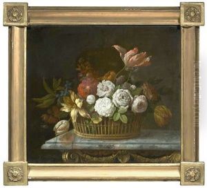 Blumen In Einem Korb Auf Einer Louis Xvi. Konsole Mit Grauer Marmorplatte by Anton Flachner