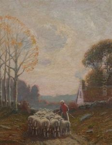Shepherdess With Flock by H. Peabody Flagg