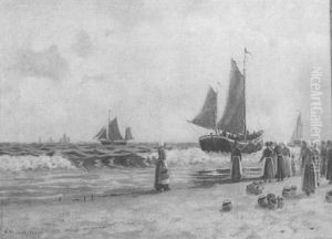 Marine Beach Scene With Figures And Sailboats by H. Peabody Flagg