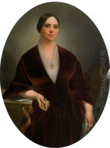 Portrait Of A Woman Wearing A Burgundy Velvet Dress And Holding A Shell