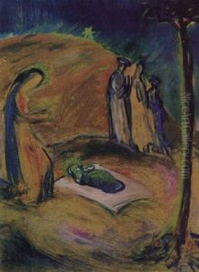 Anbetung. Maria Vor Dem Christuskind Und Drei Hirten