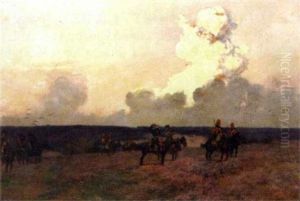 Battlefield With Military Figures On Horseback by Francois Flameng