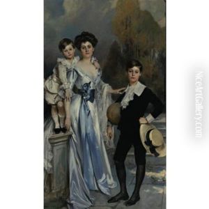 Portrait Of A Mother With Her Children In The Garden by Francois Flameng