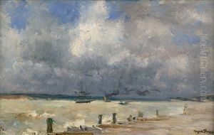 Schiffe Unter Einem Bewolktem Himmel An Der Kuste Der Normandie by Marie Auguste Flameng
