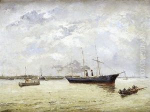 Bateau A Vapeur Au Mouillage by Marie Auguste Flameng
