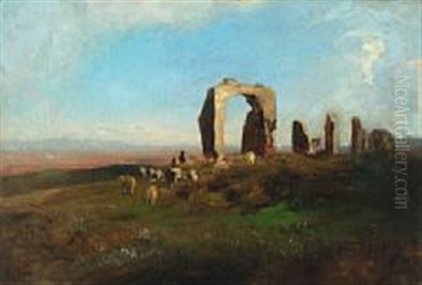 Twilight Landscape With Ruins And Grazing Sheep - view 1