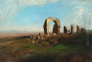 Twilight Landscape With Ruins And Grazing Sheep by Albert Flamm