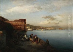 Neapel. Blick Auf Die Bucht Mit Dem Palast Der Konigin Johanna Und Den Vesuv