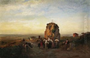 Blick In Die Weite Ebene Der Campagna Di Roma Im Abendlicht. Im Vordergrund Landvolk Bei Einem Brunnen by Albert Flamm