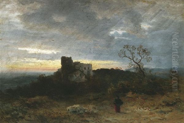 Weite Herbstlandschaft Mit Burganlage Vor Verhangenem Abendhimmel - view 1