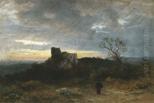 Weite Herbstlandschaft Mit Burganlage Vor Verhangenem Abendhimmel by Albert Flamm