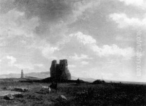 Hirten Mit Kuhherde Vor Ruinen In Der Romischen Campagna by Albert Flamm