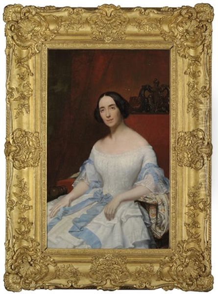 Portrait Of Helena, Baronne Fould, In A White Dress With Blue Ribbon - view 1